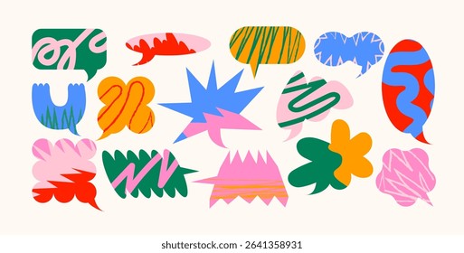 Speech bubble shapes in retro cartoon style. Abstract silhouettes: comic clouds, messages, leaves, graphic elements. Funky sticker collection for text highlight. Illustration in doodle, trend