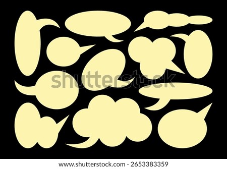 Speech bubble shapes in retro cartoon style. Abstract silhouettes: comic clouds, messages, leaves, graphic elements. Funky sticker collection for text highlight. Trendy frames, Illustration in doodle.