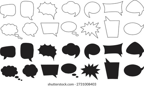 Speech bubble shapes set in outline and solid styles. Cartoon dialog and thought balloons suit modern communication graphics. Perfect for comics apps social posts presentations and creative design.