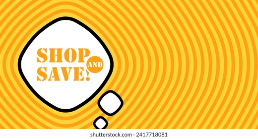 Burbuja de voz con Comprar y guardar texto. El estilo retro del cómic boom. Estilo de arte pop. Icono de línea de vector para negocios y publicidad