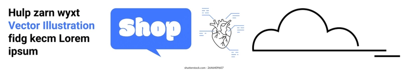 Speech bubble with shop text, anatomical heart diagram, and cloud outline. Ideal for e-commerce, medical, communication, health education, and weather apps. Banner for landing page