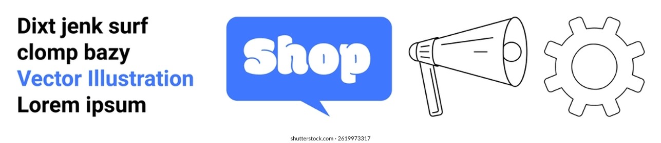 Speech bubble with Shop text in blue adjacent to megaphone and gear icons. Ideal for e-commerce digital marketing online stores SEO business promotions and technology websites. Banner for landing
