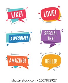 Speech bubble with short messages. Like, love, awesome, amazing, special thanks