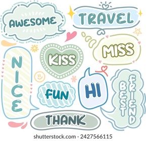 Speech bubble with short messages.Hand drawn dialogue box phrases,for social media comments and messages. Set of hand drawn doodle chat cloud with handwritten style. Memo balloon. Conversation frame