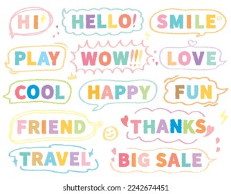 Speech bubble with short messages.Speech bubbles with short phrases,for social media comments and messages. Set of hand drawn doodle speech bubbles with handwritten short phrases. Chat balloon. Hello