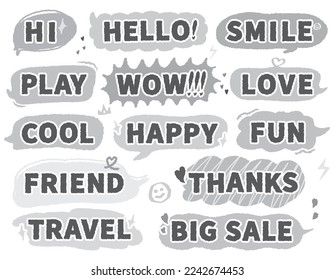 Speech bubble with short messages.Speech bubbles with short phrases,for social media comments and messages. Set of hand drawn doodle speech bubbles with handwritten short phrases. Chat balloon. Hello