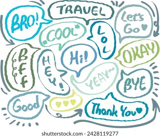 Speech bubble with short messages.Speech bubbles with short phrases,for social media comments and messages. Set of hand drawn doodle speech bubbles with handwritten short phrases. Chat balloon. Hello