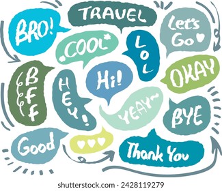Speech bubble with short messages.Speech bubbles with short phrases,for social media comments and messages. Set of hand drawn doodle speech bubbles with handwritten short phrases. Chat balloon. Hello