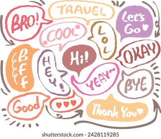 Speech bubble with short messages.Speech bubbles with short phrases,for social media comments and messages. Set of hand drawn doodle speech bubbles with handwritten short phrases. Chat balloon. Hello