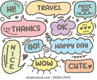 Speech bubble with short messages.Speech bubbles with short phrases,for social media comments and messages. Set of hand drawn doodle speech bubbles with handwritten short phrases. Chat balloon. Hello