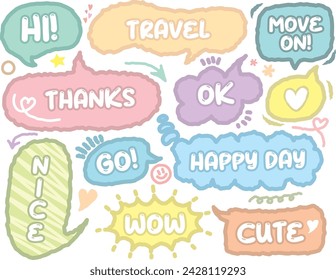 Speech bubble with short messages.Speech bubbles with short phrases, for social media commentaires and messages. Ensemble de bulles de discours dessinées à la main avec des phrases courtes écrites à la main. Ballon de conversation. Hello