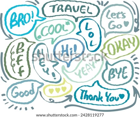Speech bubble with short messages.Speech bubbles with short phrases,for social media comments and messages. Set of hand drawn doodle speech bubbles with handwritten short phrases. Chat balloon. Hello