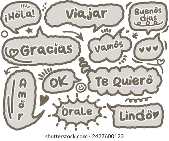 Speech bubble with short Spanish words.Black and white chat box with short Spanish phrases,for social media comments and messages. Set of hand drawn doodle dialog cloud. Hola, Gracias, Viajar, Amor