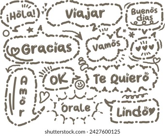 Speech bubble with short Spanish words.Black and white chat box with short Spanish phrases,for social media comments and messages. Set of hand drawn doodle dialog cloud. Hola, Gracias, Viajar, Amor