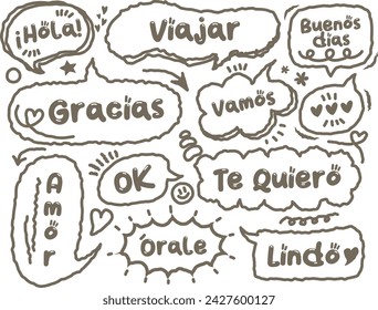 Speech bubble with short Spanish words.Black and white chat box with short Spanish phrases,for social media comments and messages. Set of hand drawn doodle dialog cloud. Hola, Gracias, Viajar, Amor