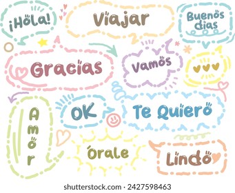 Burbuja del habla con palabras cortas en español. Cuadro de chat colorido con frases cortas en español, para comentarios y mensajes de redes sociales. Conjunto de nubes de diálogo de garabatos dibujado a mano. Hola, Gracias, Viajar, Quiero, Amor