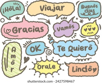 Speech bubble with short Spanish words.Colorful chat box with short Spanish phrases,for social media comments and messages. Set of hand drawn doodle dialog cloud. Hola, Gracias, Viajar, Quiero, Amor