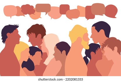 The speech bubble shows a group of multi-ethnic and multicultural people talking and sharing ideas. Vector cartoon people. Diversity people engaged in dialogue.