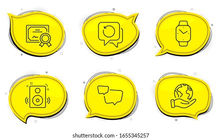 Speech bubble sign. Diploma certificate, save planet chat bubbles. Recovery data, Smartwatch and Speakers line icons set. Backup info, Digital time, Sound. Chat message. Education set. Vector