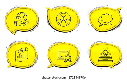 Speech bubble sign. Diploma certificate, save planet chat bubbles. Chemical hazard, Typewriter and Report document line icons set. Toxic, Inspiration, Growth chart. Chat message. Education set. Vector