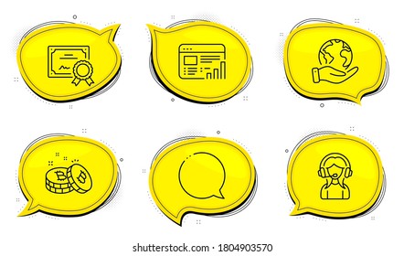 Signo de burbuja de voz. Certificado de diploma, salva las burbujas de chat del planeta. Iconos de línea de informe web, de Bitcoin y de soporte técnico. Centro de llamadas, moneda de criptodivisa, gráfico de gráficos. Mensaje de conversación. Conjunto de tecnología. Vector