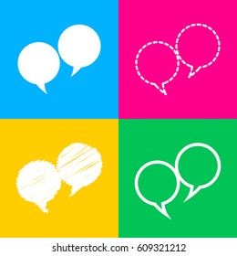 Speech bubble sign. Four styles of icon on four color squares.