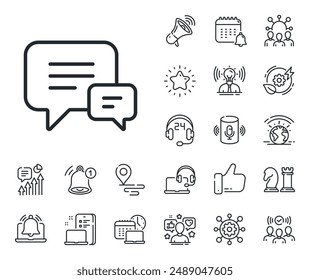 Speech bubble sign. Place location, technology and smart speaker outline icons. Chat line icon. Communication or Comment symbol. Comment line sign. Influencer, brand ambassador icon. Vector