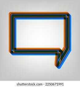 Signo de burbuja de voz. Icono marcado en colores naranja, azul y lavanda antigua en fondo gris. Ilustración.