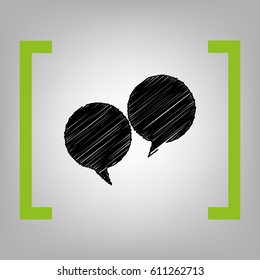 Speech bubble sign. Vector. Black scribble icon in citron brackets on grayish background.