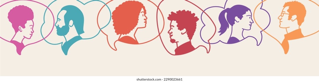 Speech bubble. Silhouette heads people in profile. Community.Speak. Hand drawn vector illustration.