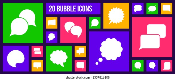 Speech Bubble silhouette icons set. Isolated web sign kit of comic tell. Chat pictograms of rectangle frame, double cloud, dialog template. Simple white contour symbol. Button vector Icon shape