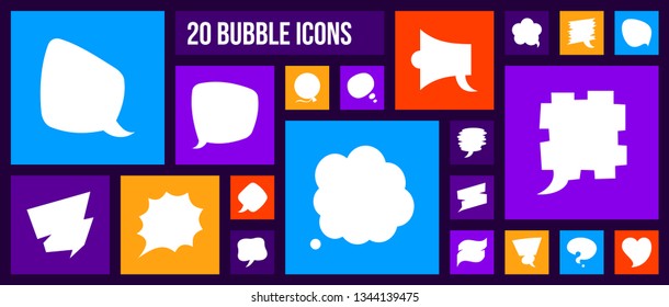 Speech Bubble silhouette icons set. Isolated web sign kit of comic tell. Chat pictograms of empty quote, talk discussion, social comment. Simple white contour symbol. Message flat vector Icon shape
