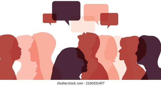 Speech bubble and silhouette profiles. Dialogue group of people. Crowd talking. Communication between people.