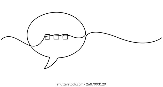 Speech Bubble Single Line Icon, Continuous one line drawing of speech bubble, Black and white graphics vector minimalist linear illustration made of single line, Talk text box, feedback message box. 