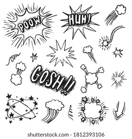 Speech bubble sketch. Hand drawn dialog chat cloud with different shape and lettering word. Doodle comic speech bubble sketch icon set. Cute dialogue boxes sign collection vector illustration