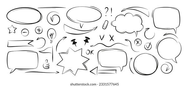 Speech bubble, sketch underline, highlight element, line, arrow shape set. Templates and elements for business process, presentations, workflow layout. Vector illustration.