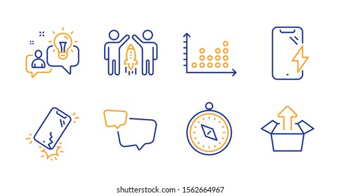 Speech bubble, Smartphone charging and Smartphone broken line icons set. Partnership, Travel compass and Idea signs. Dot plot, Send box symbols. Chat message, Phone battery. Technology set. Vector