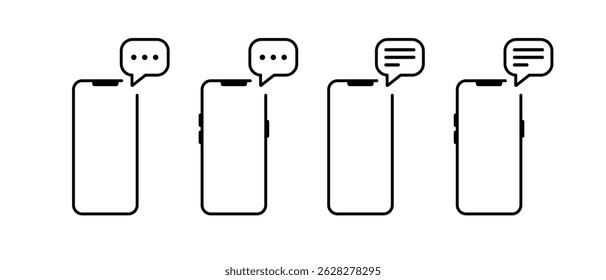 Speech bubble with smartphone device icon set. Message phone sign symbol