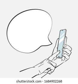 Speech bubble from smartphone in hand with finger touch screen, Hand drawn illustration isolated Vector sketch