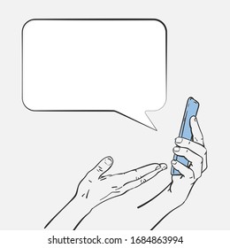 Speech bubble from smartphone with hand showing on screen, Hand drawn illustration isolated Vector sketch