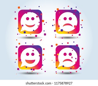 Speech bubble smile face icons. Happy, sad, cry signs. Happy smiley chat symbol. Sadness depression and crying signs. Colour gradient square buttons. Flat design concept. Vector