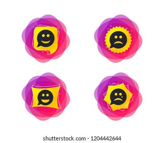 Speech bubble smile face icons. Happy, sad, cry signs. Happy chat symbol. Sadness depression and crying signs. Geometric gradient sales shapes. Creative banners. Template for design. Vector