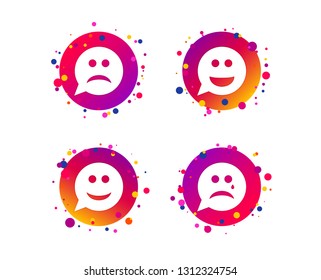 Speech bubble smile face icons. Happy, sad, cry signs. Happy smiley chat symbol. Sadness depression and crying signs. Gradient circle buttons with icons. Random dots design. Vector
