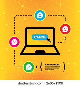 Speech bubble smile face icons. Happy, sad, cry signs. Happy smiley chat symbol. Sadness depression and crying signs. Notebook device orange background with icons. Vector