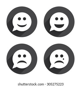 Speech bubble smile face icons. Happy, sad, cry signs. Happy smiley chat symbol. Sadness depression and crying signs. Circles buttons with long flat shadow. Vector