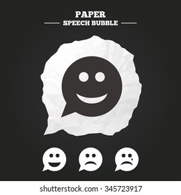 Speech bubble smile face icons. Happy, sad, cry signs. Happy smiley chat symbol. Sadness depression and crying signs. Paper speech bubble with icon.