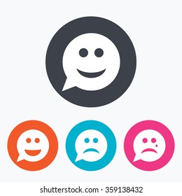 Speech bubble smile face icons. Happy, sad, cry signs. Happy smiley chat symbol. Sadness depression and crying signs. Circle flat buttons with icon.