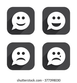Speech bubble smile face icons. Happy, sad, cry signs. Happy smiley chat symbol. Sadness depression and crying signs. Square flat buttons with long shadow.