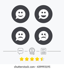 Speech bubble smile face icons. Happy, sad, cry signs. Happy smiley chat symbol. Sadness depression and crying signs. Chat, award medal and report linear icons. Star vote ranking. Vector
