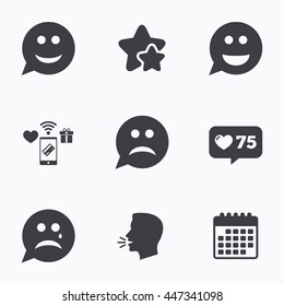 Speech bubble smile face icons. Happy, sad, cry signs. Happy smiley chat symbol. Sadness depression and crying signs. Flat talking head, calendar icons. Stars, like counter icons. Vector